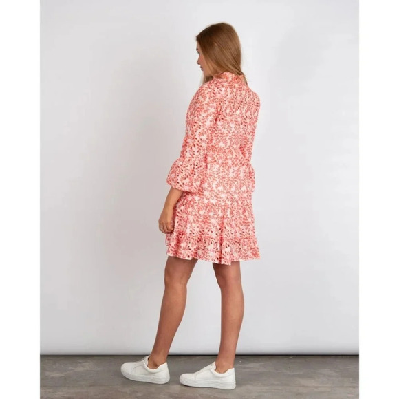 KASIA Tuckernuck Cutwork Tiered Split Neck Holiday Dress Coral/white Size Small - Picture 5 of 12